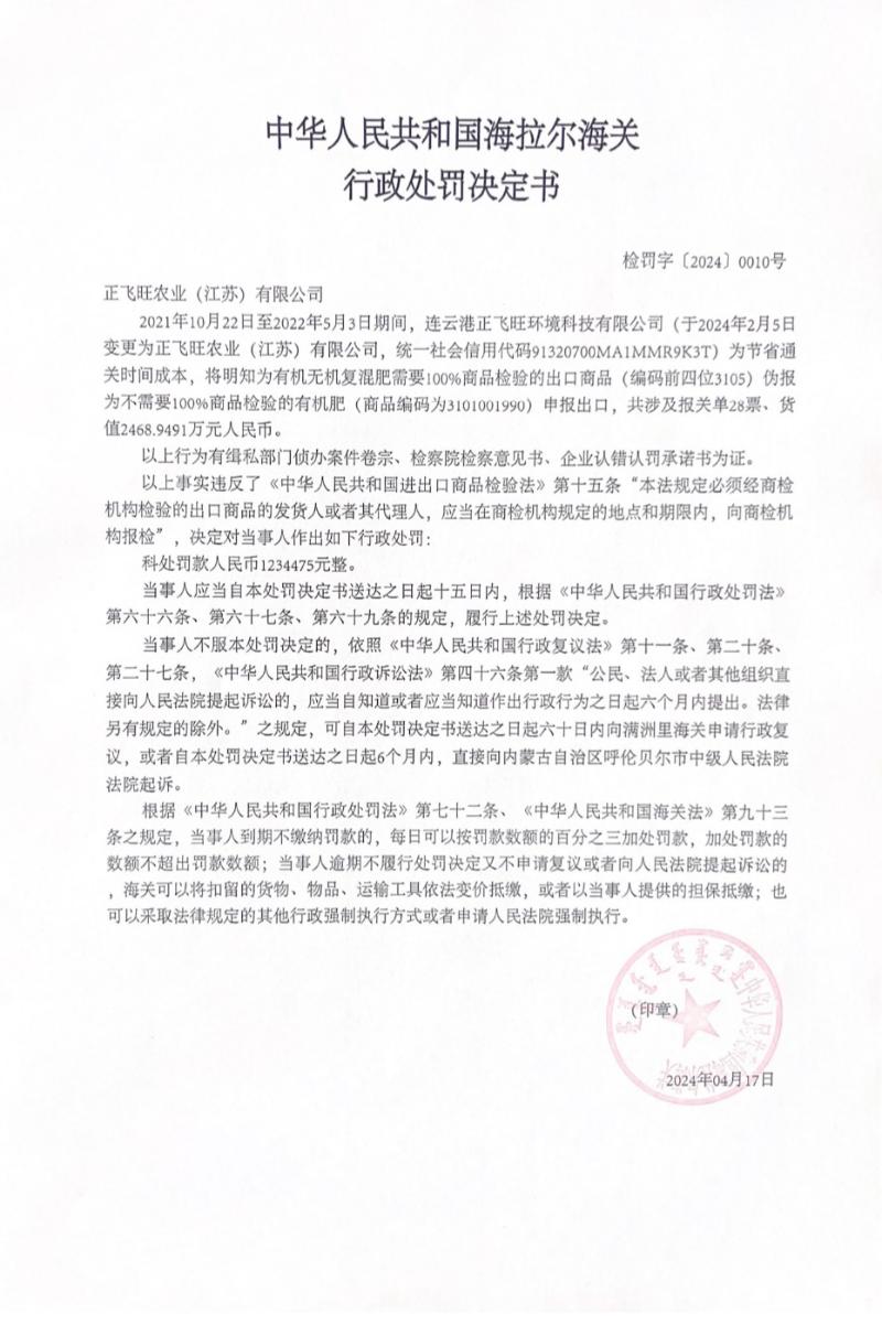 中华人民共和国海拉尔海关行政处罚决定书（检罚字〔2024〕0010号）